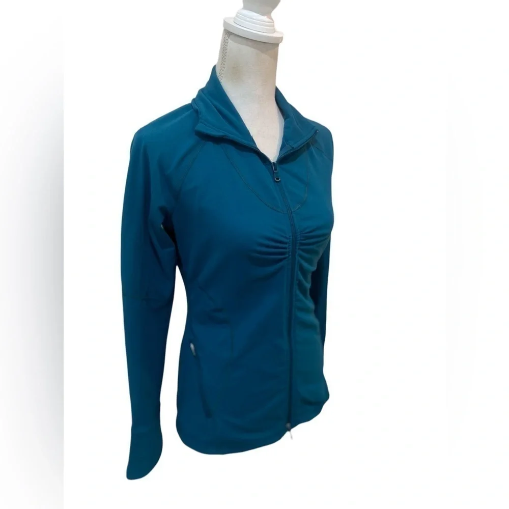 Zella zip up teal ruched athletic jacket with zip up pockets & ruffle back small
